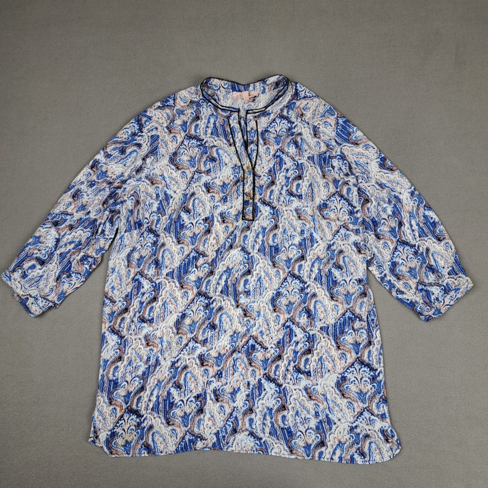 Philosophy Republic Blouse Womens 2XL Blue Tunic Watercolor ¾ Sleeve Artsy Flowy